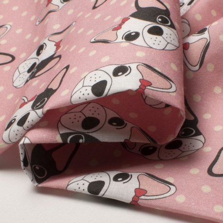 TESSUTO COTONE CANE BULLDOG FRANCESE ROSA