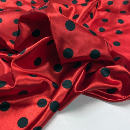 TESSUTO RASO CARNEVALE ROSSO POIS NERO
